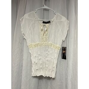 Vtg Separates Ny White Ruched Tie Beaded Blouse Boho Whimsical Small Sheer Y2K